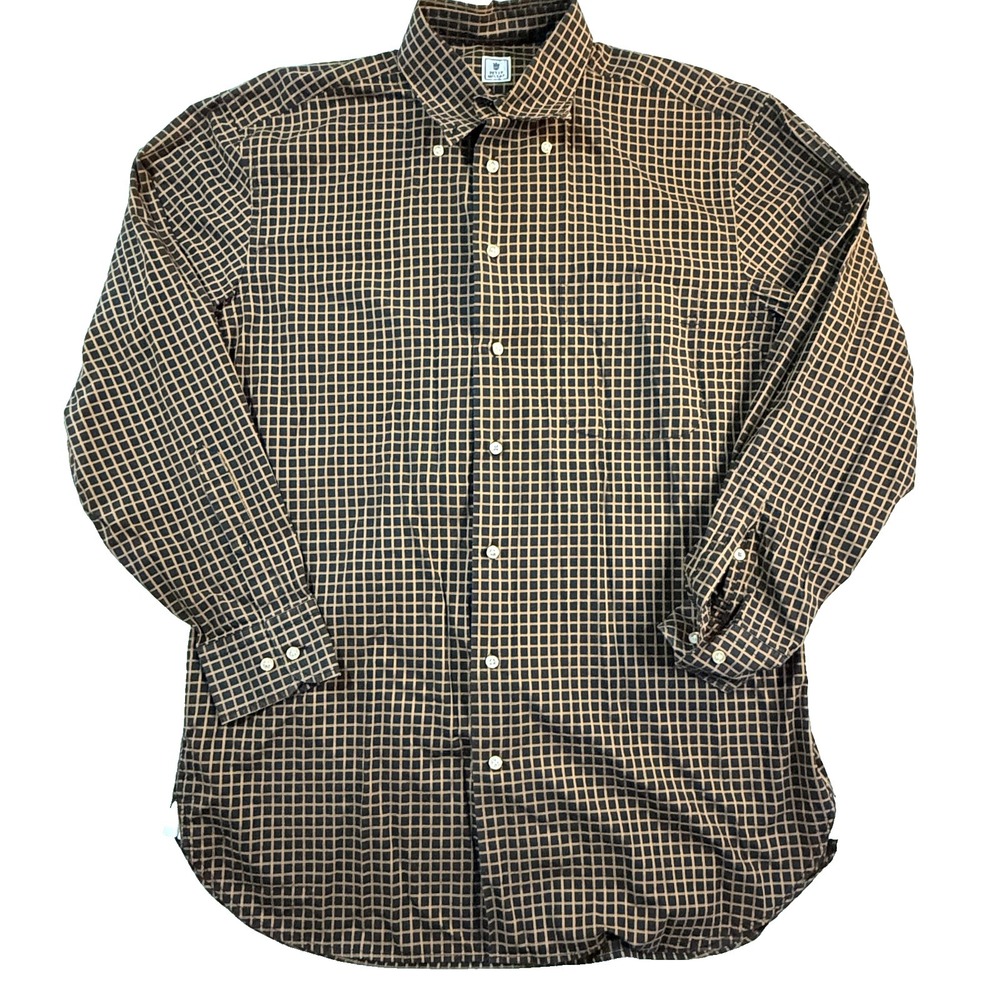 Peter Millar Mens LG Button Down Shirt Black Brown Windowpane Check Cotton